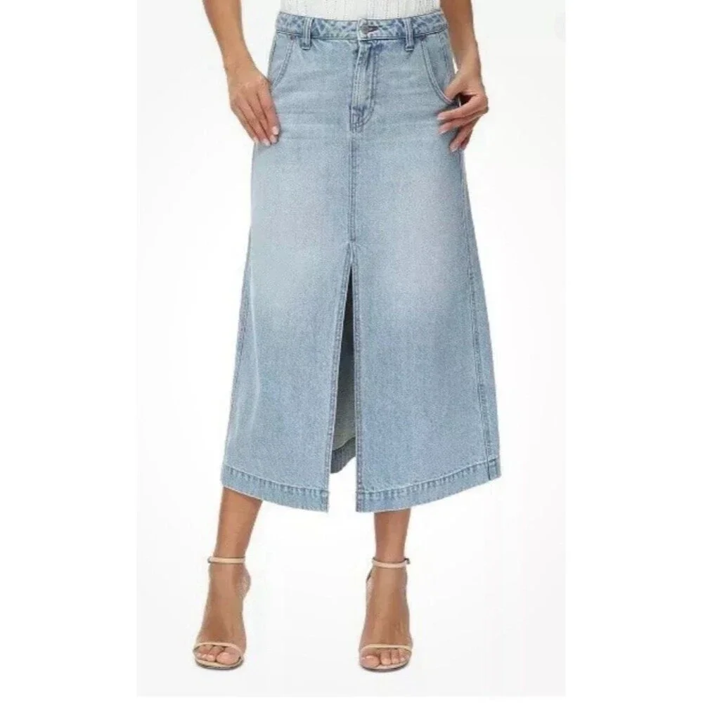 NWOT FRYE Denim Mid Rise Midi Skirt Size 28 Light Wash Split Preppy Grunge 90s